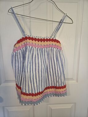 entro Blue and White Striped Tank with Red, Pink and Peach Trim